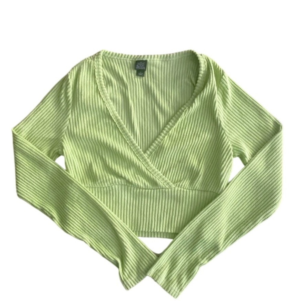 Wild Fable Lime Green Ribbed Long Sleeve Wrap Front V-Neck CropTop Womens Size M